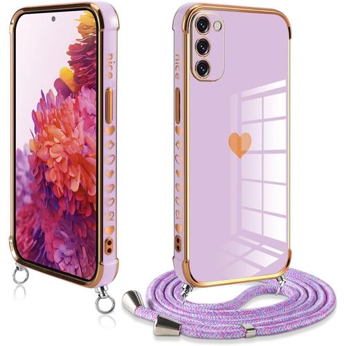 Coque Pour Samsung Galaxy S20 Fe 5g Avec Cordon, Silicone Motif Coeur D'amour Mignon Étui Bumper Protection De Collier Lanyard Avec Chaîne Case Pour Samsung S20 Fe 5g 6.5 Pouces, Lila