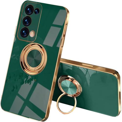 Coque Pour Oppo Reno 6 Pro 5g Reno6 Pro 5g Ultra Mince Élégant En Silicone Souple Galvanoplastie Design Coque Brillante Antichoc Tpu Gel Etui Avec 360 Degrés Rotation Bague Vert Foncé