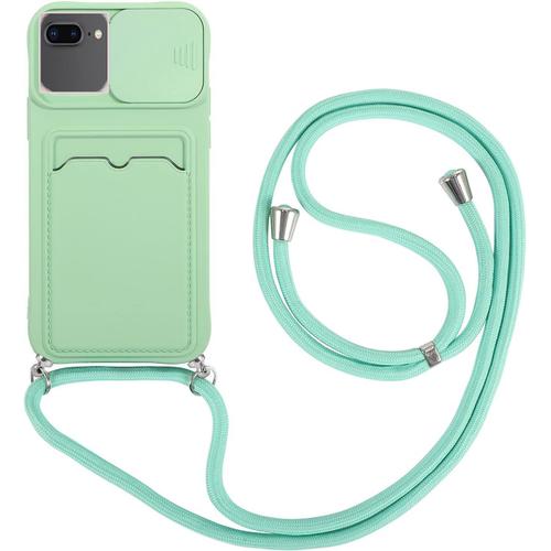 Coque Avec Corde Pour Iphone 6 Plus 7 Plus 8 Plus + 2 Protections D'écran, Protection Coulissante Pour Appareil Photo, Coque En Silicone Tpu Avec Fente Pour Carte, Coque Antichoc Vert