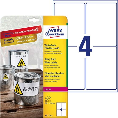 Avery L4774-8 étiquette à imprimer Blanc Imprimante d'étiquette adhésive; Avery L4774-8, Blanc, Imprimante d'étiquette adhésive, A4, Polyester, Laser, Permanent