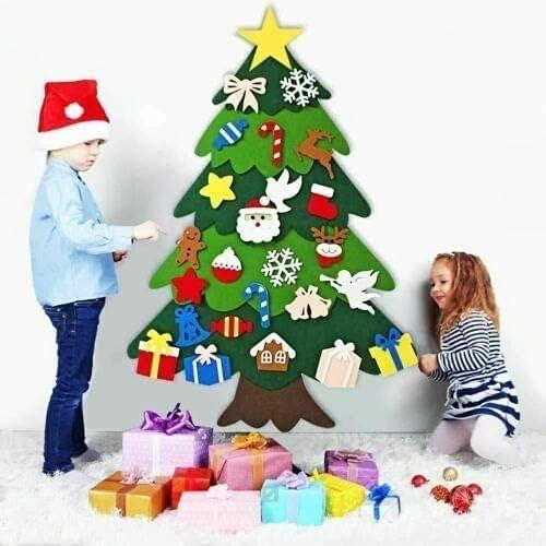 Sapin de Noël artificiel 3D en feutre à décorer soi-même avec 32 décorations - 20 lumières LED - 1,2 m - pour enfants et tout-petits - Maison, porte, fenêtre, mur (Ange avec lampe)