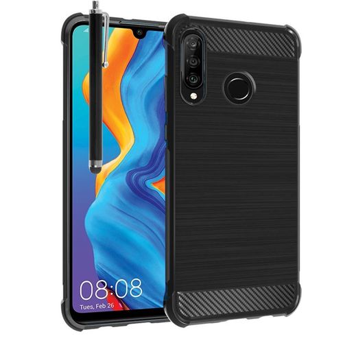 Coque Silicone Tpu Pour Huawei Nova 4e 6.15" Fibre De Carbone Brossé - Noir + Stylet