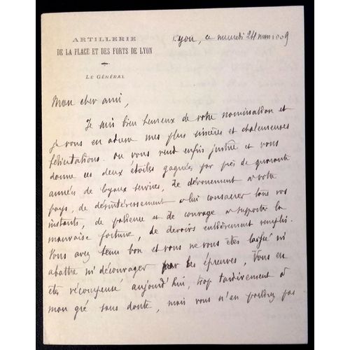 14-18 : Lettre Manuscrite Signée Par Le Général Guérin En 1909 (Autographe, Las, Artillerie De La Place Et Des Forts De Lyon)