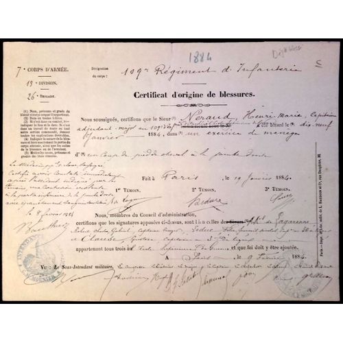 1884 : Certificat D'origine De Blessures Du Capitaine Néraud Au 109e Régiment D'infanterie