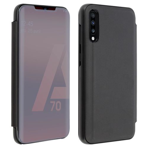 Housse Samsung Galaxy A70 Étui Miroir Clapet Translucide Stand Vidéo Noir