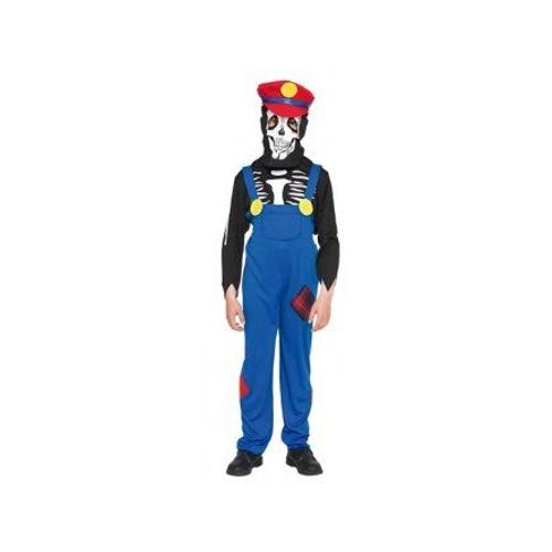 Deguisement Super Mario Squelette - Le Plombier - Enfant Taulle 4-6 Ans (Salopette, Haut, Cagoule, Casquette) - Carnaval - Costume Halloween