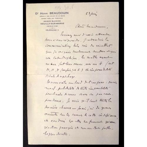 Lettre Autographe Signée Manuscrite Du Dr Henri Beaudouin Années 30 (Psychiatre, Médecin Des Asiles De La Seine, Expert Près Les Tribunaux)