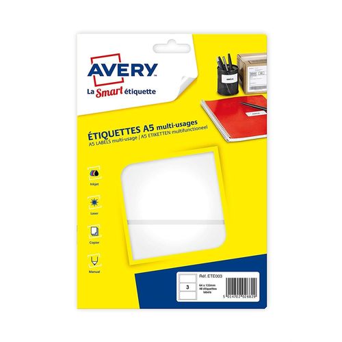 AVERY Sachet de 48 étiquettes multi-usage blanches 64 x 133 mm. Planche format A5