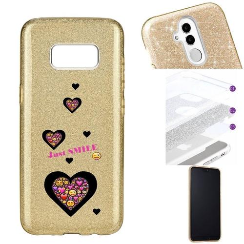 Coque Galaxy S8 Glitter Paillettes Dore Smiley Coeur Emojii