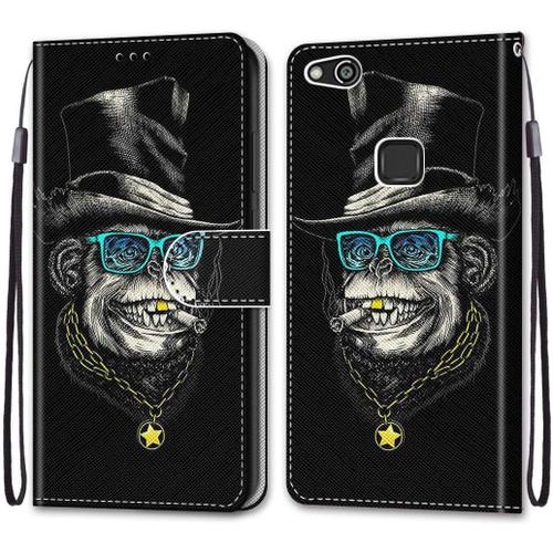 Etui En Pu 360 Protection Full Cuir Pour Huawei P10 Lite Coque Flip Case Housse À Rabat Portefeuille Étui Et Silicone Interne Cover Anti Choc Poche Motif Singe Riche Protection Bumper