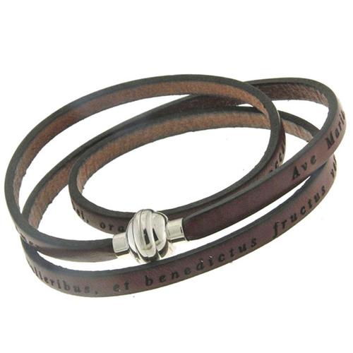 Les Trésors De Lily [Q4632] - Bracelet Acier Cuir Artisanal 'ave Maria' Marron (Spiritus) - 3 Tours, 60 Cm 4 Mm