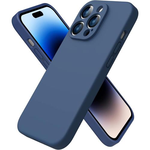 Coque Iphone 14 Pro,Coque Silicone Liquide Pour Iphone 14 Pro 6.1"" ,Avec 1 Verres Trempés,Surélevée Pour Écran & Caméra,Case Protection Complète 360 Degré,Coque En Silicone-Bleu Marine