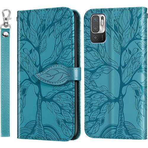 Coque Pour Xiaomi Redmi Note 10 4g Note 10sprotection Etui Housse Premium En Cuir Pu Pour Xiaomi Redmi Note 10 4gflip Cover Case Compatible Avec Xiaomi Redmi Note 10sarbre De Vie Bleu