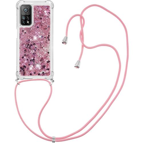 Coque Collier Pour Xiaomi Mi 10t/Xiaomi Mi 10t Pro 5g, Ultra Mince Liquide Paillette Silicone Tpu Premium Housse Étui De Téléphone Avec Cordon Collier Tour De Cou Lanière, Roses Rouges