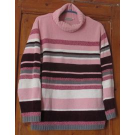 Confortable Pull Avec Grand Col Roulé - Fond Rose Avec Différentes Rayures De Rose/Gris/Bordeaux/Blanc - Manches Longues - Taille X L - 97%Acrylique/3%Coton- Canda Colllection De C & A