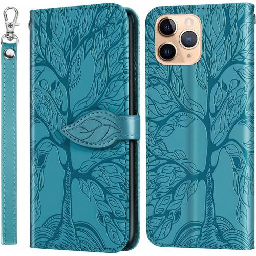 Coque Pour Iphone 11 Pro Max, Avec Protection D'écran , Coque En Cuir Haut De Gamme Avec Fonction De Support Et Emplacement Pour Carte, Motif En Relief 3d, Arbre De Vie, Le Bleu Du Lac