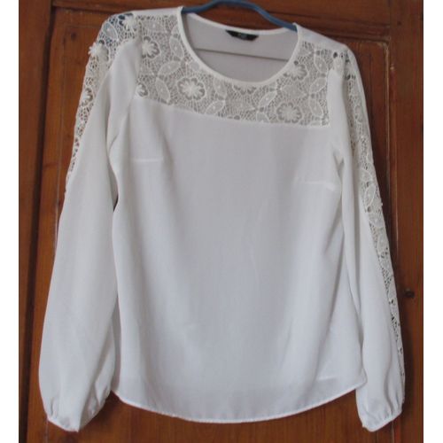 Elegant Chemisier Forme Tunique-Voile 100%Polyester Blanc-Plastron De Dentelle Guipure Sur Le Devant Et Le Dessus Des Manches Longues-Poignets Roulottés-Taille 36 -F & F De Next