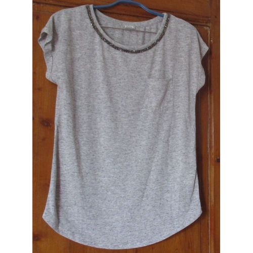 T-Shirt Basique Majica- Collection Pimkie - Taillle S - Gris Chiné Avec Parement De 3 Rangs De Mini Pierres Brillantes-Souple Et Fluide- 93%Polyester/7%Lin-Petite Poche Poitrine-Revers Aux Emmanchures