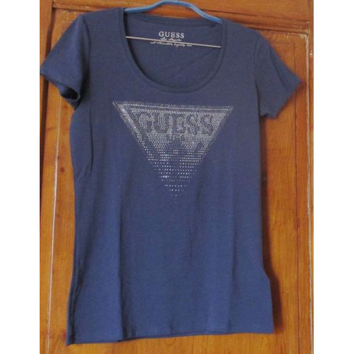 Tee-Shirt À Encolure Arrondie Dégagée-Bleu Marine-Plastron Triangulaire En Clous Argentés Avec Lettres Guess- 95%Coton/5%Élastanne-Petites Manches-Taille L (42) - Guess Los Angeles-Souple Et Léger