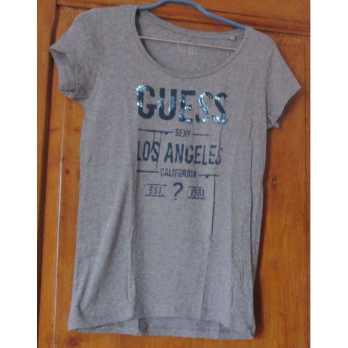 Tee-Shirt À Encolure Arrondie Dégagée - Gris - Motif Guess Sexy California Souligné De Paillettes - 100%Coton - Petites Manches-Taille X S (32) - Guess Los Angeles- Souple Et Léger
