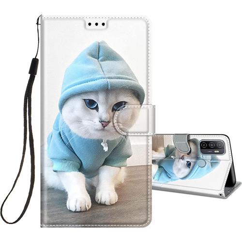 Coque En Cuir Pour Oppo A53s Oppo A53 A32 A33 2020 À Rabat Et Folio Portefeuille Pour Filles Gar Ons Femme, Housse Cuir Fentes Pour Cartes Étui Antichoc 360 Degrés Silicone Chaton Cool