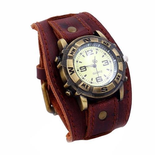 Montre Vintage Aviateur - Cadran Bronze Et Bracelet Large - Bracelet De Force - Biker