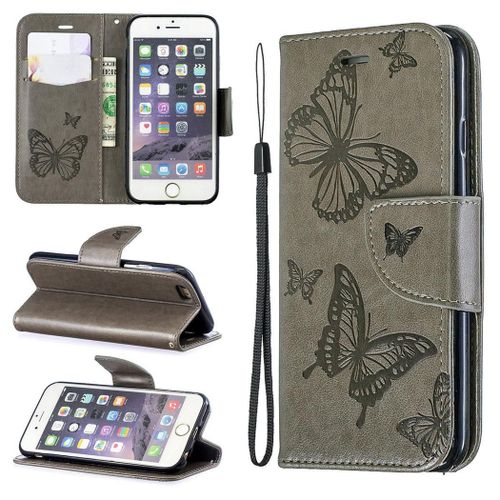 Apple Iphone 6 6s Coque, Saturcase Papillon Gaufrage Pu Cuir Magnétique Flip Portefeuille Support Porte-Carte Protecteur Coque Housse Étui Avec Dragonne Pour Apple Iphone 6 6s (Gris)