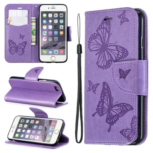 Apple Iphone 6 6s Coque, Saturcase Papillon Gaufrage Pu Cuir Magnétique Flip Portefeuille Support Porte-Carte Protecteur Coque Housse Étui Avec Dragonne Pour Apple Iphone 6 6s (Violet)