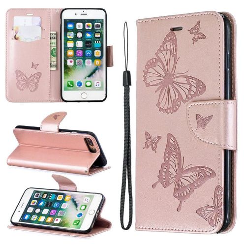 Apple Iphone 7 Plus / 8 Plus Coque, Saturcase Papillon Pu Cuir Magnétique Flip Portefeuille Support Porte-Carte Protecteur Coque Housse Étui Avec Dragonne Pour Apple Iphone 7 Plus / 8 Plus (Or)