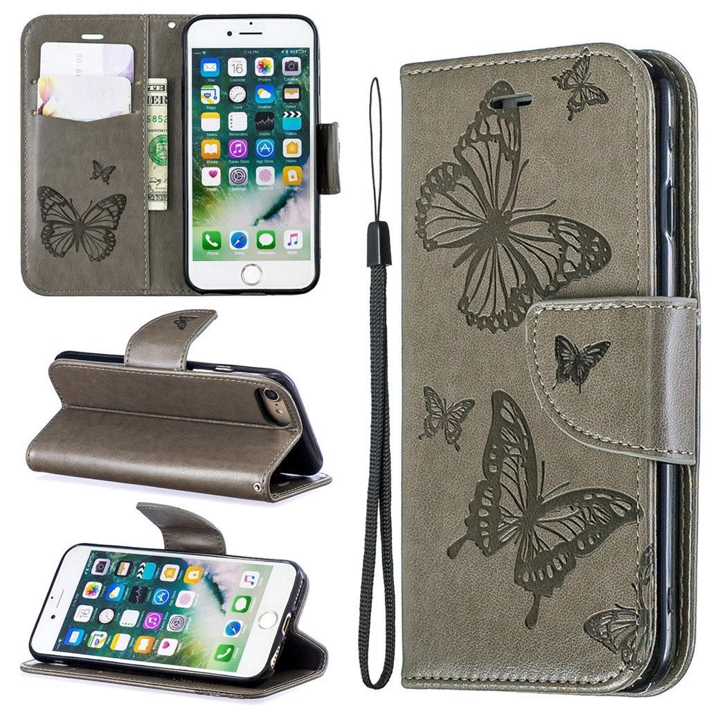 Apple Iphone 7 / Iphone 8 Coque, Saturcase Papillon Gaufrage Pu Cuir Magnétique Flip Portefeuille Support Porte-Carte Protecteur Coque Housse Étui Avec Dragonne Pour Apple Iphone 7 / Iphone 8 (Gris)