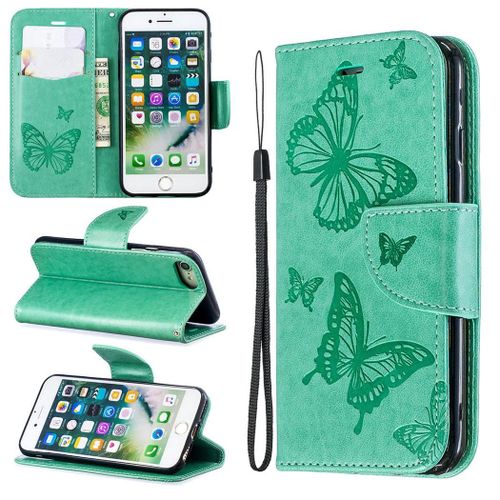 Apple Iphone 7 / Iphone 8 Coque, Saturcase Papillon Gaufrage Pu Cuir Magnétique Flip Portefeuille Support Porte-Carte Protecteur Coque Housse Étui Avec Dragonne Pour Apple Iphone 7 / Iphone 8 (Vert)