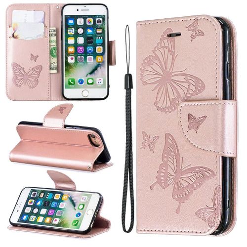 Apple Iphone 7 / Iphone 8 Coque, Saturcase Papillon Gaufrage Pu Cuir Magnétique Flip Portefeuille Support Porte-Carte Protecteur Coque Housse Étui Avec Dragonne Pour Apple Iphone 7 / Iphone 8 (Or)
