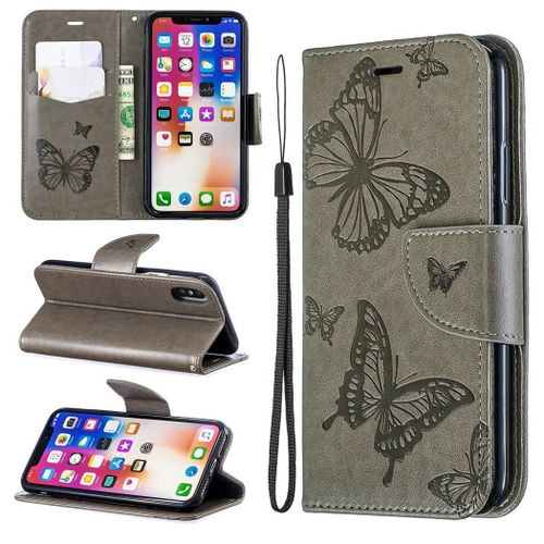 Apple Iphone X / Xs Coque, Saturcase Papillon Gaufrage Pu Cuir Magnétique Flip Portefeuille Support Porte-Carte Protecteur Coque Housse Étui Avec Dragonne Pour Apple Iphone X / Xs (Gris)