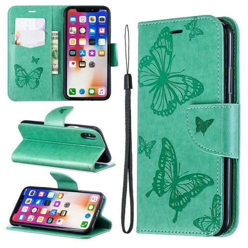 Apple Iphone X / Xs Coque, Saturcase Papillon Gaufrage Pu Cuir Magnétique Flip Portefeuille Support Porte-Carte Protecteur Coque Housse Étui Avec Dragonne Pour Apple Iphone X / Xs (Vert)