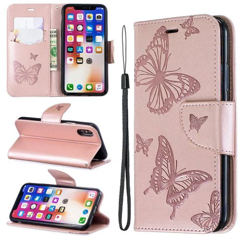 Apple Iphone X / Xs Coque, Saturcase Papillon Gaufrage Pu Cuir Magnétique Flip Portefeuille Support Porte-Carte Protecteur Coque Housse Étui Avec Dragonne Pour Apple Iphone X / Xs (Or)