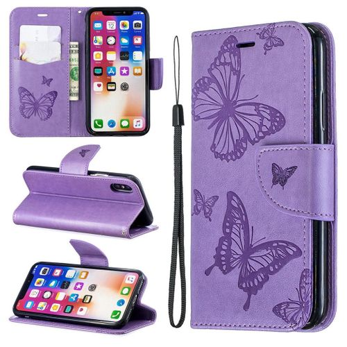 Apple Iphone X / Xs Coque, Saturcase Papillon Gaufrage Pu Cuir Magnétique Flip Portefeuille Support Porte-Carte Protecteur Coque Housse Étui Avec Dragonne Pour Apple Iphone X / Xs (Violet)