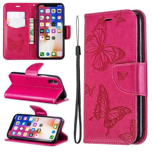 Apple Iphone X / Xs Coque, Saturcase Papillon Gaufrage Pu Cuir Magnétique Flip Portefeuille Support Porte-Carte Protecteur Coque Housse Étui Avec Dragonne Pour Apple Iphone X / Xs (Rose)