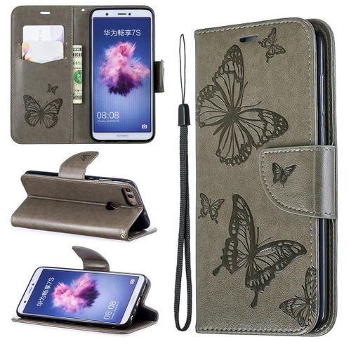 Huawei P Smart (2017) Coque, Saturcase Papillon Gaufrage Pu Cuir Magnétique Flip Portefeuille Support Porte-Carte Protecteur Coque Housse Étui Avec Dragonne Pour Huawei P Smart (2017) (Gris)