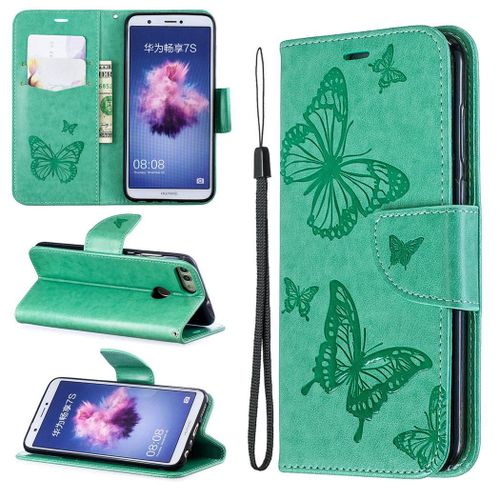 Huawei P Smart (2017) Coque, Saturcase Papillon Gaufrage Pu Cuir Magnétique Flip Portefeuille Support Porte-Carte Protecteur Coque Housse Étui Avec Dragonne Pour Huawei P Smart (2017) (Vert)