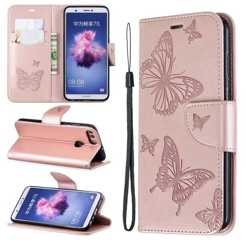 Huawei P Smart (2017) Coque, Saturcase Papillon Gaufrage Pu Cuir Magnétique Flip Portefeuille Support Porte-Carte Protecteur Coque Housse Étui Avec Dragonne Pour Huawei P Smart (2017) (Or)
