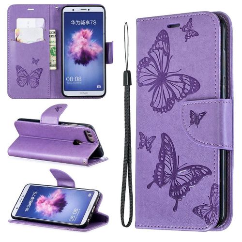 Huawei P Smart (2017) Coque, Saturcase Papillon Gaufrage Pu Cuir Magnétique Flip Portefeuille Support Porte-Carte Protecteur Coque Housse Étui Avec Dragonne Pour Huawei P Smart (2017) (Violet)