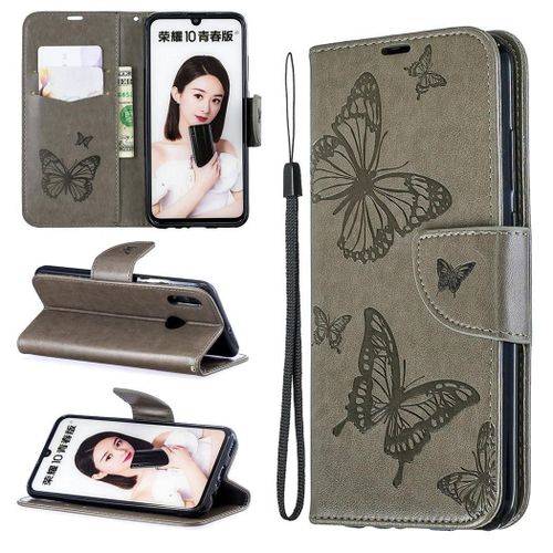 Huawei P Smart (2019) Coque, Saturcase Papillon Pu Cuir Magnétique Flip Portefeuille Support Porte-Carte Protecteur Coque Housse Étui Avec Dragonne Pour Huawei P Smart (2019) / Honor 10 Lite (Gris)