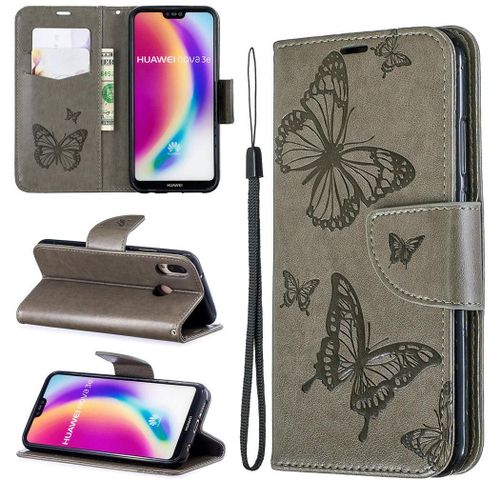 Huawei P20 Lite Coque, Saturcase Papillon Gaufrage Pu Cuir Magnétique Flip Portefeuille Support Porte-Carte Protecteur Coque Housse Étui Avec Dragonne Pour Huawei P20 Lite (Gris)
