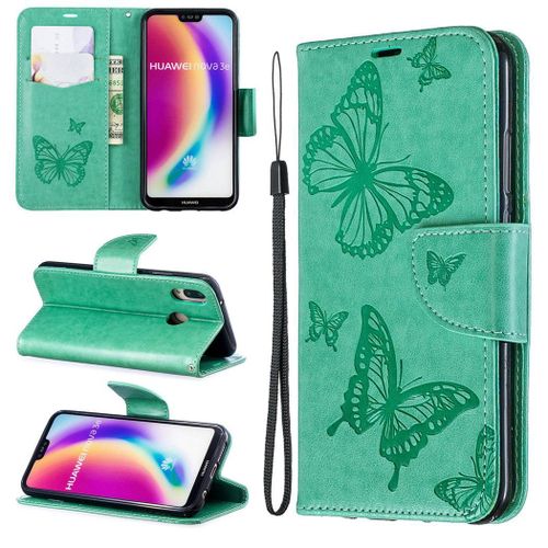 Huawei P20 Lite Coque, Saturcase Papillon Gaufrage Pu Cuir Magnétique Flip Portefeuille Support Porte-Carte Protecteur Coque Housse Étui Avec Dragonne Pour Huawei P20 Lite (Vert)