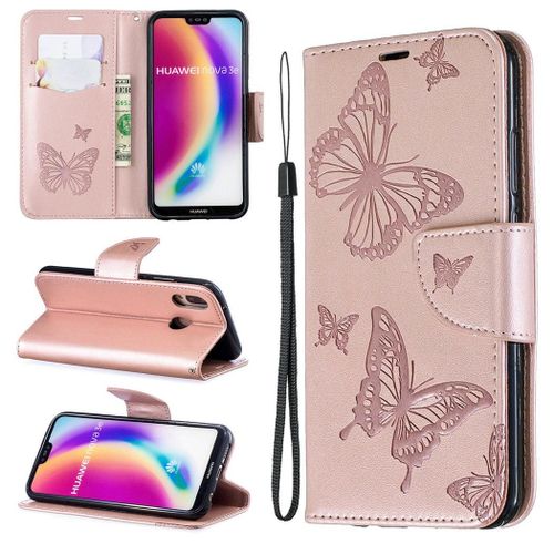 Huawei P20 Lite Coque, Saturcase Papillon Gaufrage Pu Cuir Magnétique Flip Portefeuille Support Porte-Carte Protecteur Coque Housse Étui Avec Dragonne Pour Huawei P20 Lite (Or)