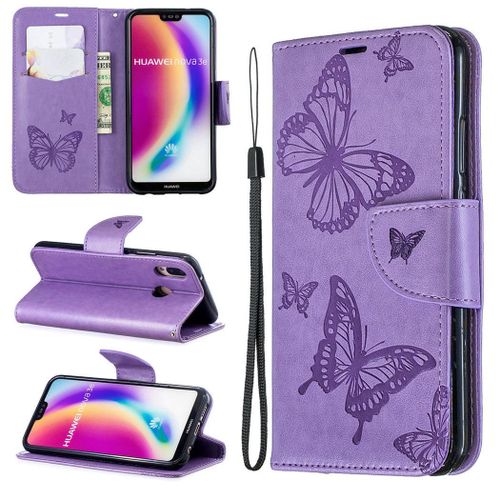Huawei P20 Lite Coque, Saturcase Papillon Gaufrage Pu Cuir Magnétique Flip Portefeuille Support Porte-Carte Protecteur Coque Housse Étui Avec Dragonne Pour Huawei P20 Lite (Violet)