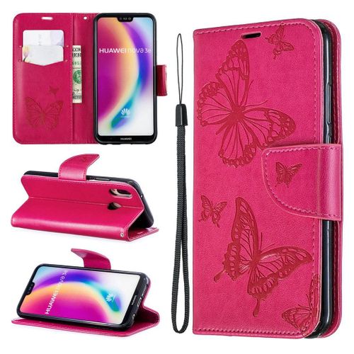 Huawei P20 Lite Coque, Saturcase Papillon Gaufrage Pu Cuir Magnétique Flip Portefeuille Support Porte-Carte Protecteur Coque Housse Étui Avec Dragonne Pour Huawei P20 Lite (Rose)