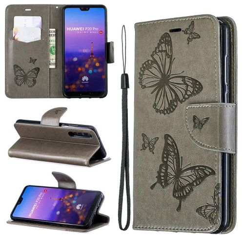 Huawei P20 Pro Coque, Saturcase Papillon Gaufrage Pu Cuir Magnétique Flip Portefeuille Support Porte-Carte Protecteur Coque Housse Étui Avec Dragonne Pour Huawei P20 Pro (Gris)