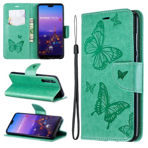 Huawei P20 Pro Coque, Saturcase Papillon Gaufrage Pu Cuir Magnétique Flip Portefeuille Support Porte-Carte Protecteur Coque Housse Étui Avec Dragonne Pour Huawei P20 Pro (Vert)