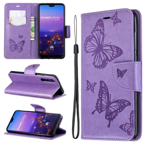 Huawei P20 Pro Coque, Saturcase Papillon Gaufrage Pu Cuir Magnétique Flip Portefeuille Support Porte-Carte Protecteur Coque Housse Étui Avec Dragonne Pour Huawei P20 Pro (Violet)
